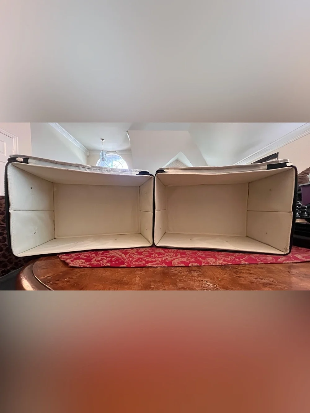 Black Fabric Storage Bins with Zipper lids, Brown Handles, Lined Interior (2)